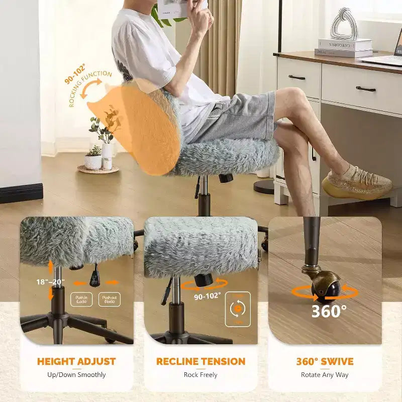 VINGLI Plush Upholstery Vanity Desk Chair with Curved Back, Cute Rolling Chair with Bronze Base and Golden-Bronze 360 Swivel Wheels