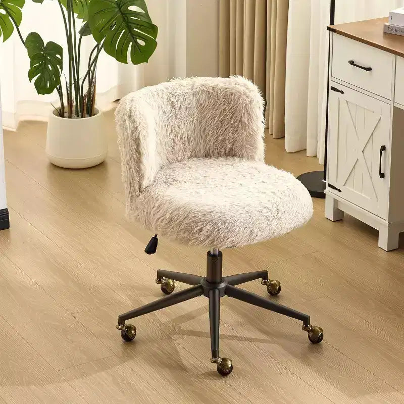 VINGLI Plush Upholstery Vanity Desk Chair with Curved Back, Cute Rolling Chair with Bronze Base and Golden-Bronze 360 Swivel Wheels