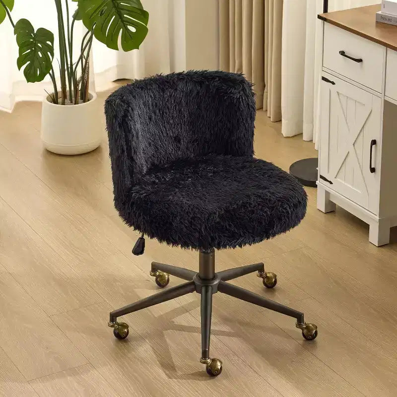 VINGLI Plush Upholstery Vanity Desk Chair with Curved Back, Cute Rolling Chair with Bronze Base and Golden-Bronze 360 Swivel Wheels