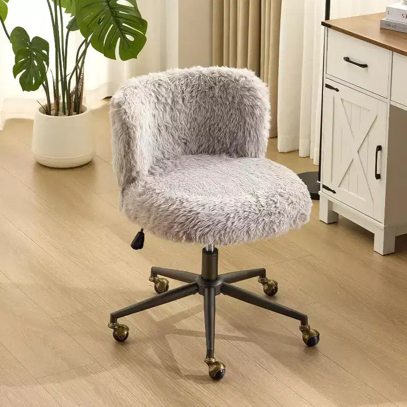 VINGLI Plush Upholstery Vanity Desk Chair with Curved Back, Cute Rolling Chair with Bronze Base and Golden-Bronze 360 Swivel Wheels