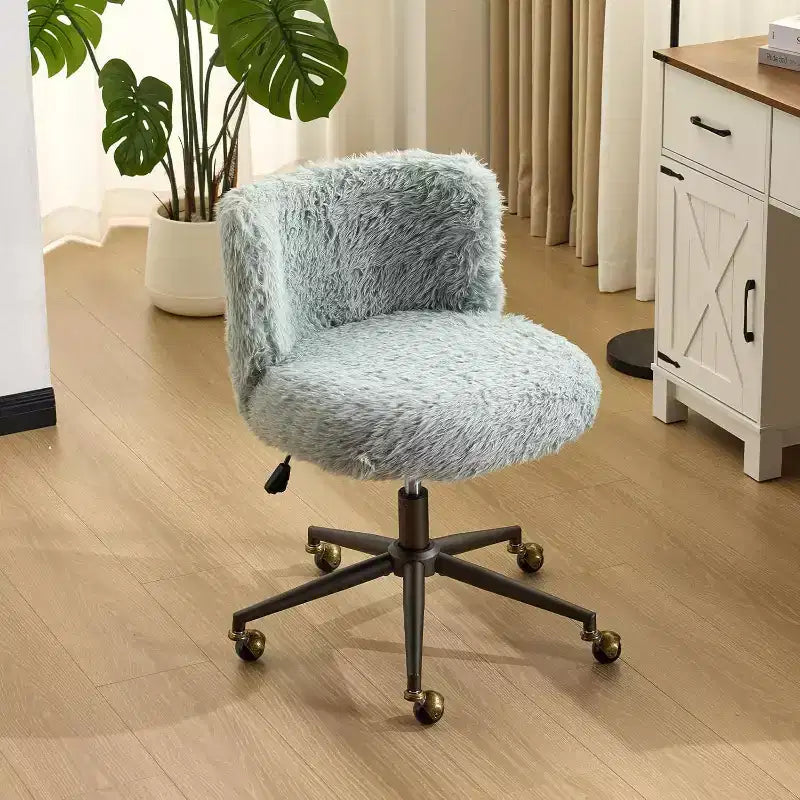 VINGLI Plush Upholstery Vanity Desk Chair with Curved Back, Cute Rolling Chair with Bronze Base and Golden-Bronze 360 Swivel Wheels