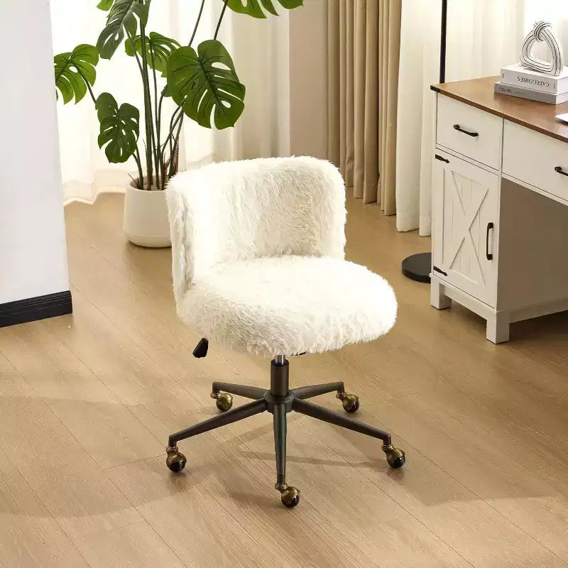 VINGLI Plush Upholstery Vanity Desk Chair with Curved Back, Cute Rolling Chair with Bronze Base and Golden-Bronze 360 Swivel Wheels