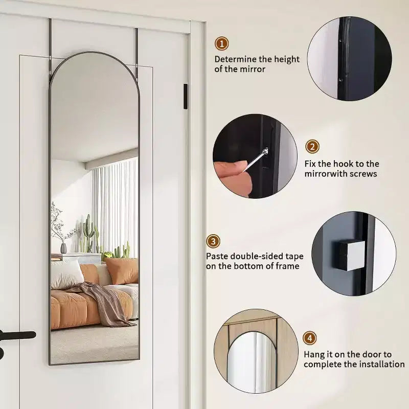 48x14 Black Hanging Mirror, Arched Over-The-Door Full Length Mirror, Aluminum Frame for Living Room Bedroom