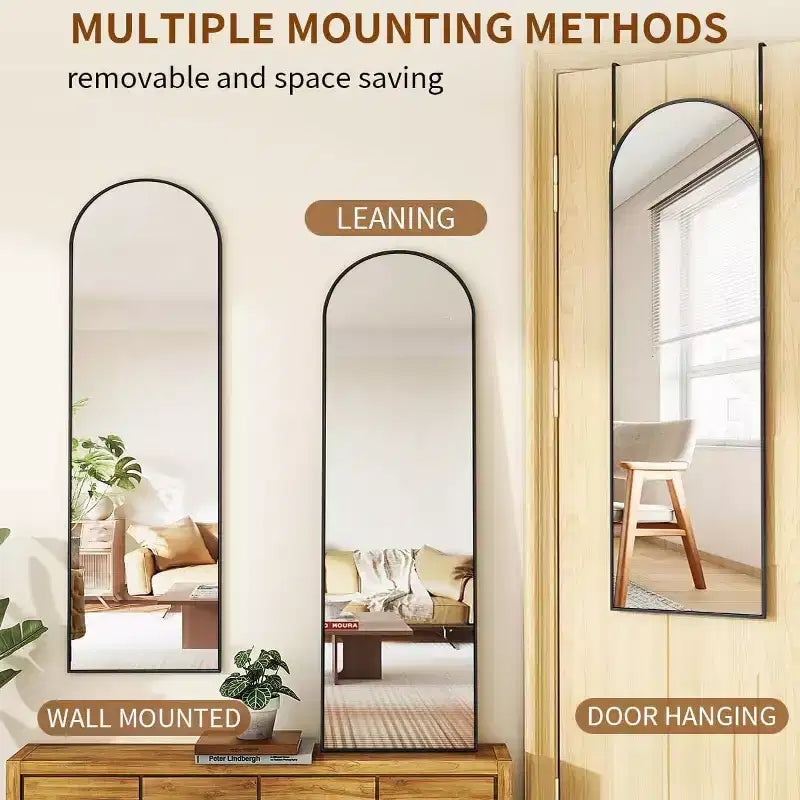 48x14 Black Hanging Mirror, Arched Over-The-Door Full Length Mirror, Aluminum Frame for Living Room Bedroom