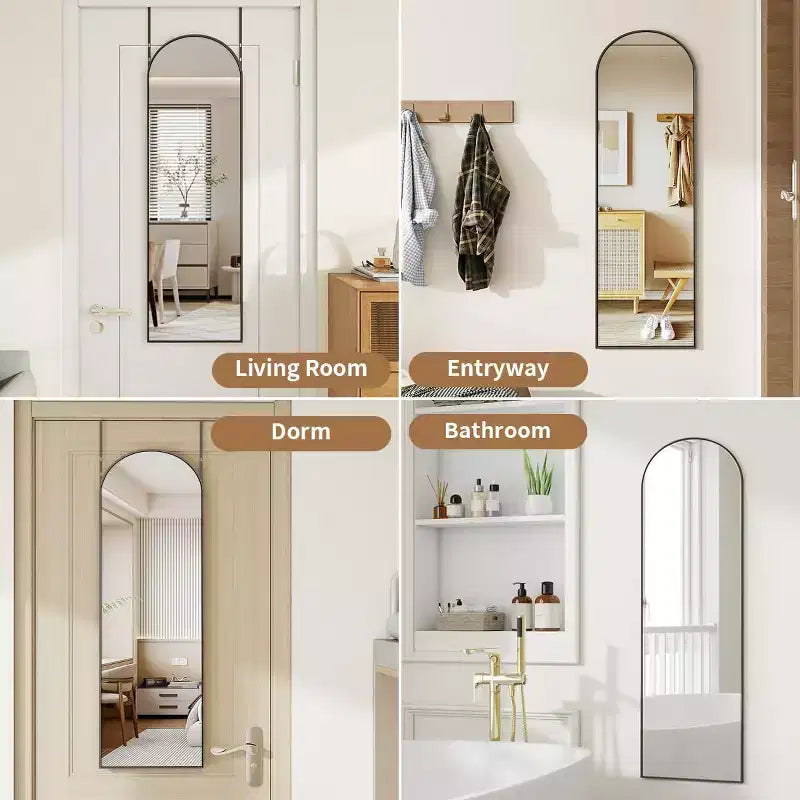 48x14 Black Hanging Mirror, Arched Over-The-Door Full Length Mirror, Aluminum Frame for Living Room Bedroom