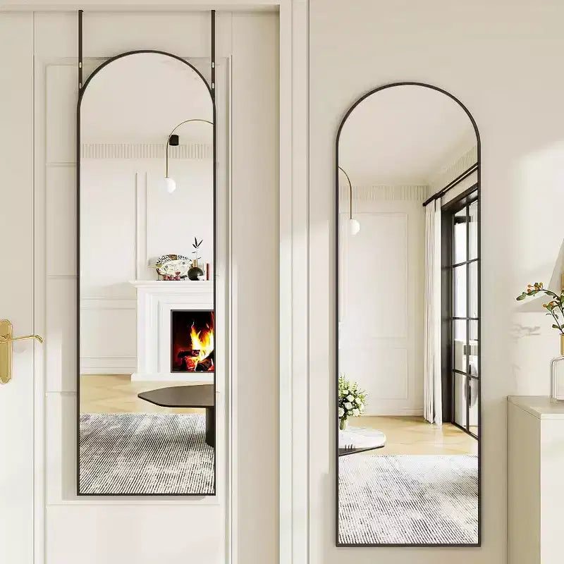 48x14 Black Hanging Mirror, Arched Over-The-Door Full Length Mirror, Aluminum Frame for Living Room Bedroom