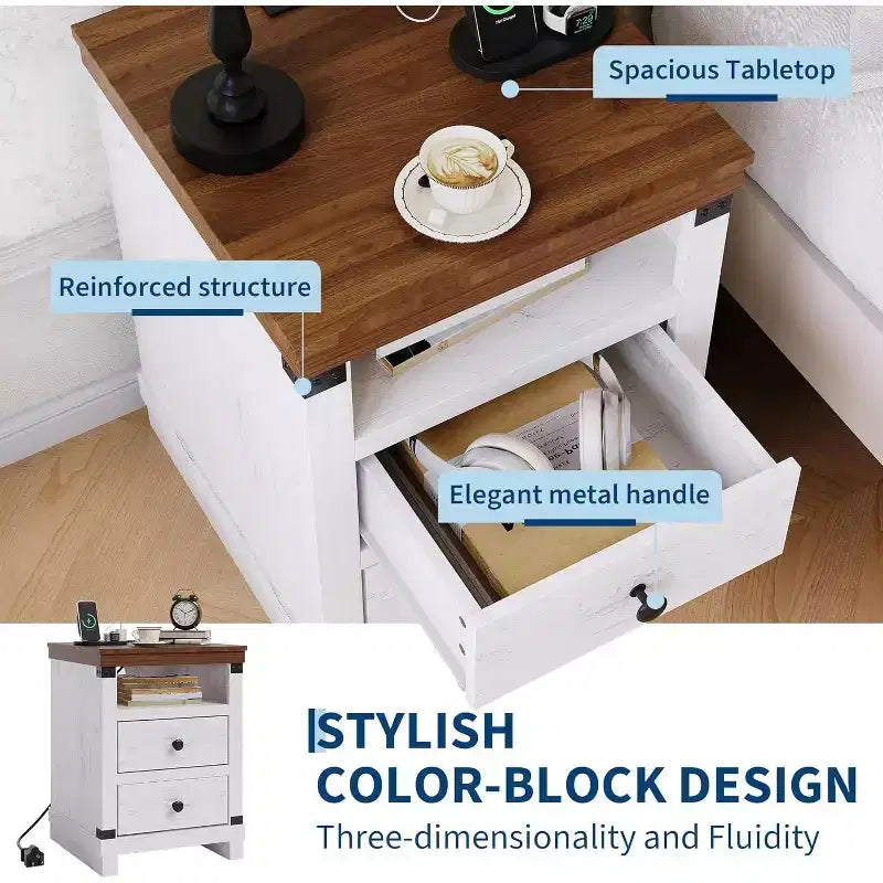 Farmhouse White Nightstand with 2 Drawers,Open Shelf, Modern Bedside End Table Accent Side Table for Bedroom or Living Room,Small Space