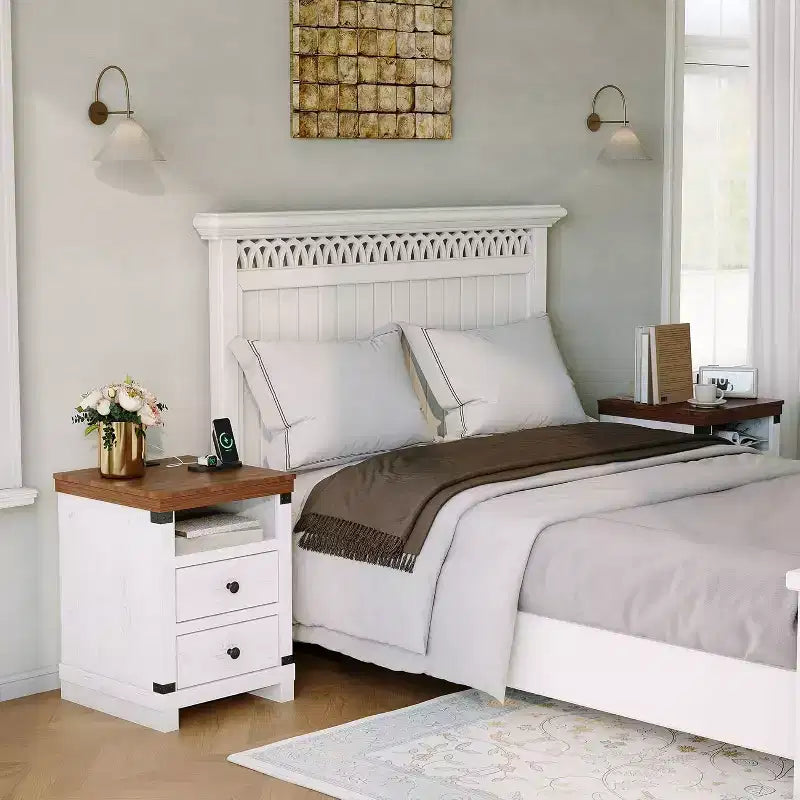 Farmhouse White Nightstand with 2 Drawers,Open Shelf, Modern Bedside End Table Accent Side Table for Bedroom or Living Room,Small Space