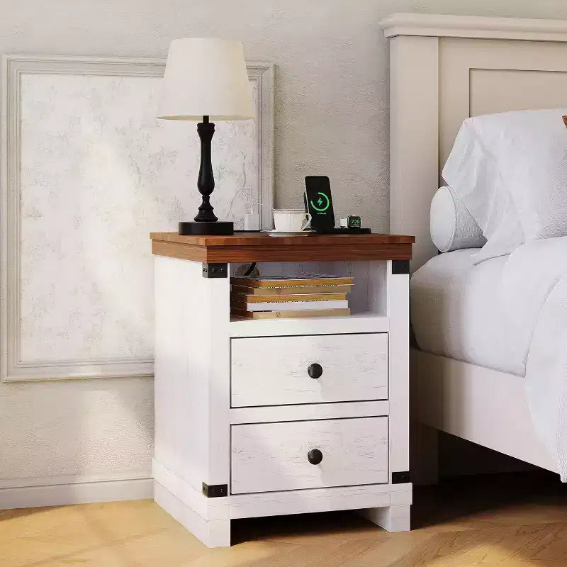Farmhouse White Nightstand with 2 Drawers,Open Shelf, Modern Bedside End Table Accent Side Table for Bedroom or Living Room,Small Space