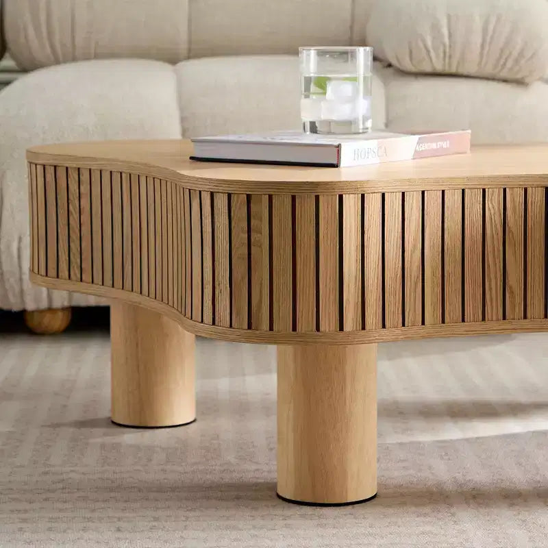 MAYEERTY 42.5 Inch Modern Irregular Coffee Table with MDF and Solid Wood Leg, Center Table for Living Room Bedroom, Easy Assembly