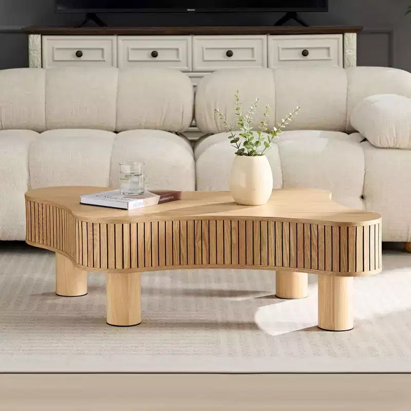 MAYEERTY 42.5 Inch Modern Irregular Coffee Table with MDF and Solid Wood Leg, Center Table for Living Room Bedroom, Easy Assembly