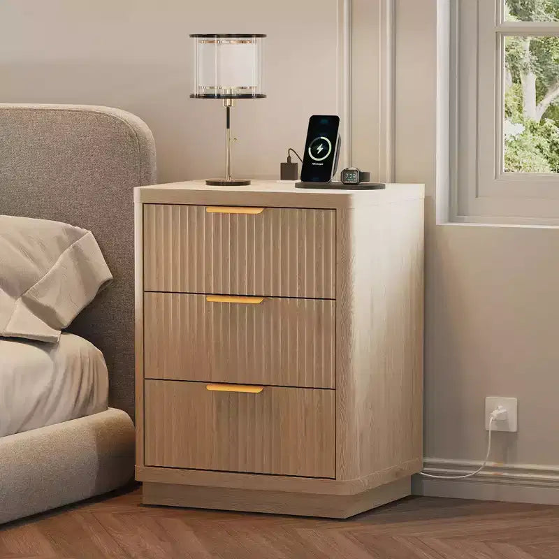 Farmhouse Nightstands - Fluted Bedside Tables with 3 Drawers,Charging Station & Metal Handles - Mid-Century Bedroom Storage Cabinets