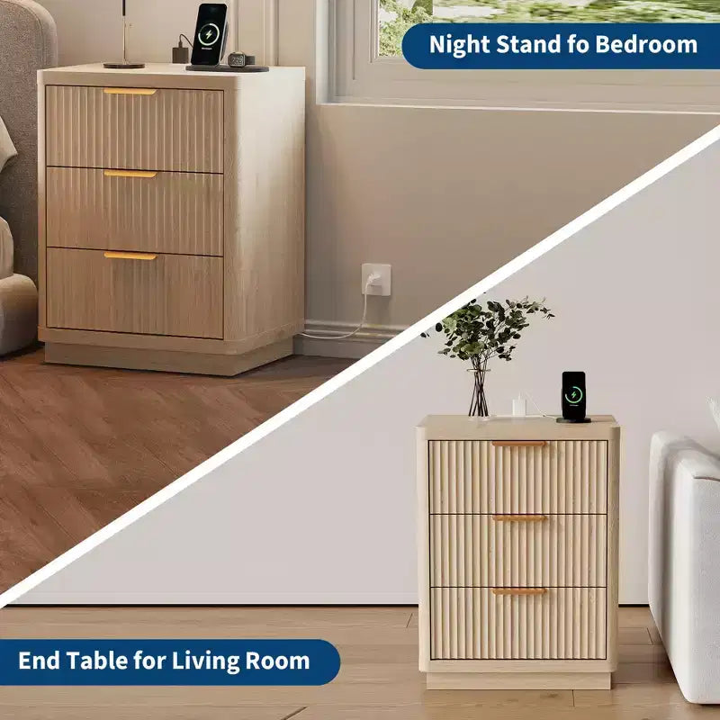 Farmhouse Nightstands - Fluted Bedside Tables with 3 Drawers,Charging Station & Metal Handles - Mid-Century Bedroom Storage Cabinets
