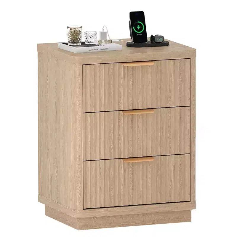 Farmhouse Nightstands - Fluted Bedside Tables with 3 Drawers,Charging Station & Metal Handles - Mid-Century Bedroom Storage Cabinets