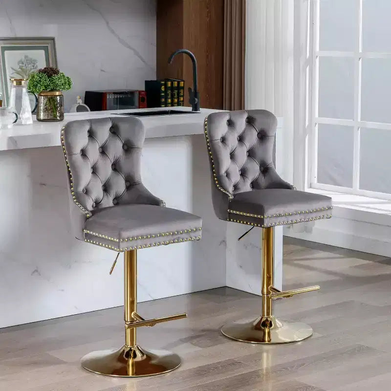 2 Piece Bar Stool Set,Velvet Bar Stool Counter Height Metal Frame Chairs, Adjustable Seat Height Modern Soft Cushion Bar Stool