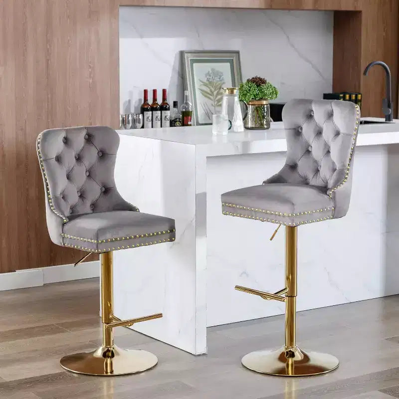 2 Piece Bar Stool Set,Velvet Bar Stool Counter Height Metal Frame Chairs, Adjustable Seat Height Modern Soft Cushion Bar Stool