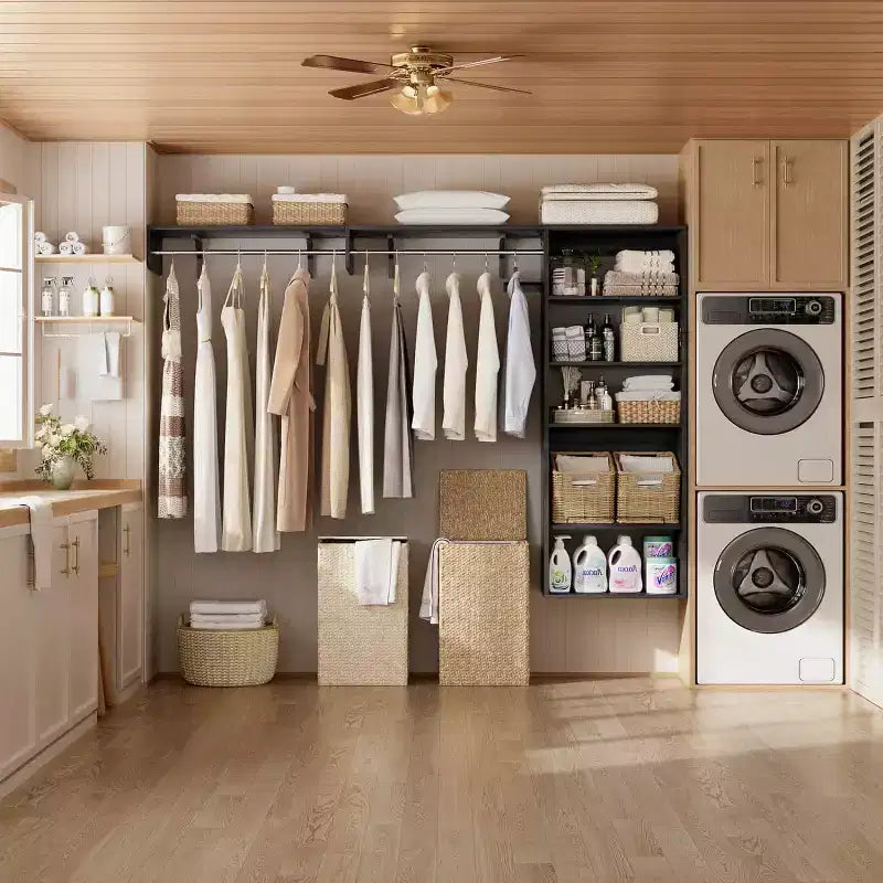 Besiost Closet Organizer System with Extendable Hanging Rods, Laundry Room Storage with Shelves