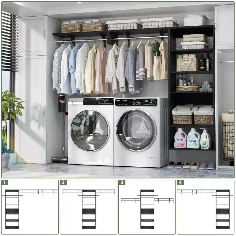 Besiost Closet Organizer System with Extendable Hanging Rods, Laundry Room Storage with Shelves