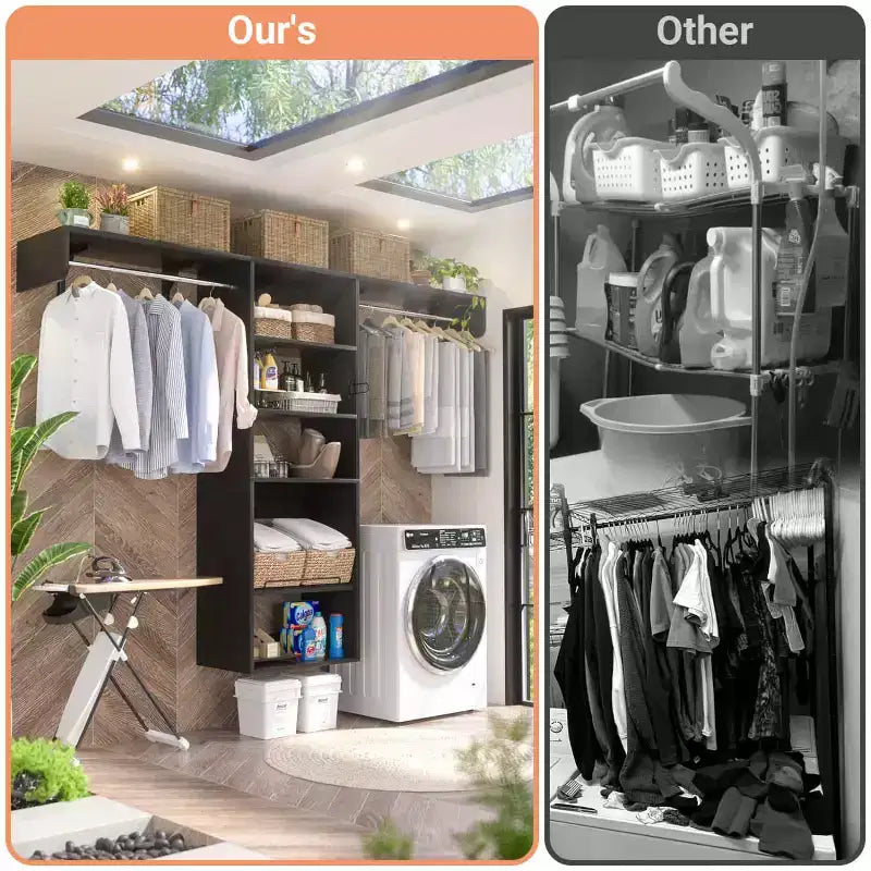 Besiost Closet Organizer System with Extendable Hanging Rods, Laundry Room Storage with Shelves