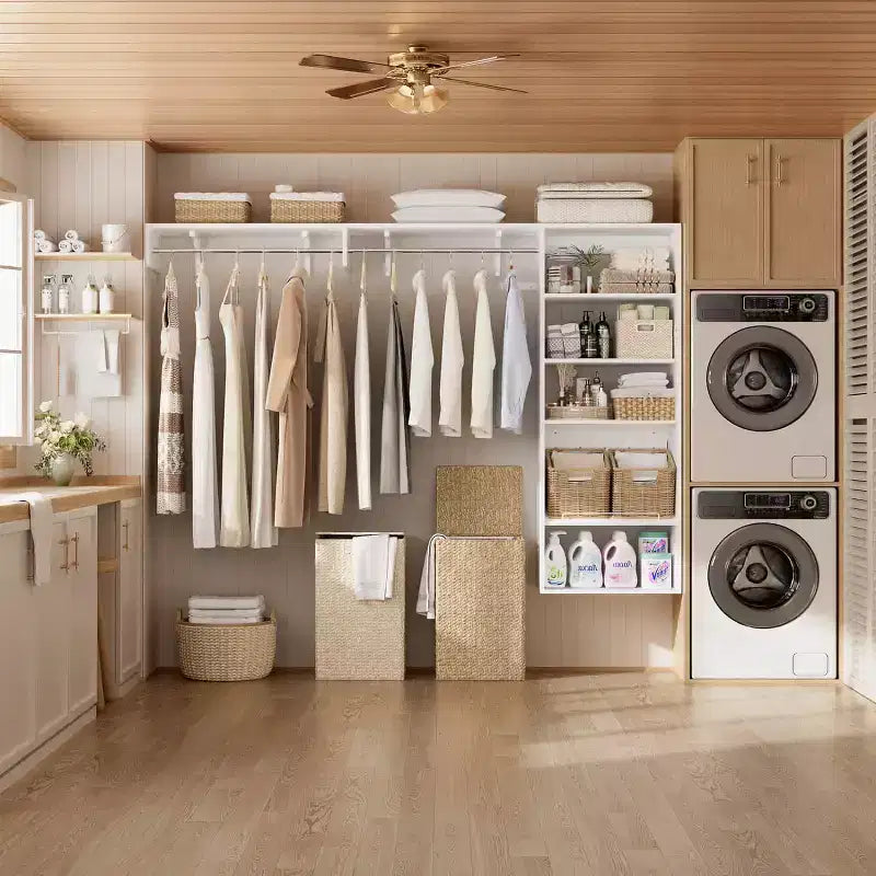 Besiost Closet Organizer System with Extendable Hanging Rods, Laundry Room Storage with Shelves