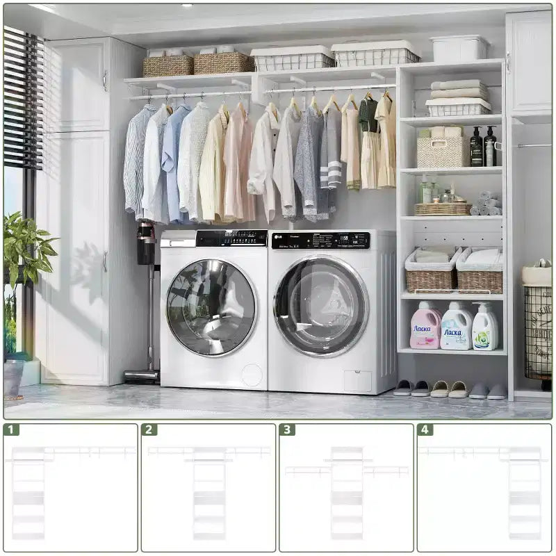 Besiost Closet Organizer System with Extendable Hanging Rods, Laundry Room Storage with Shelves