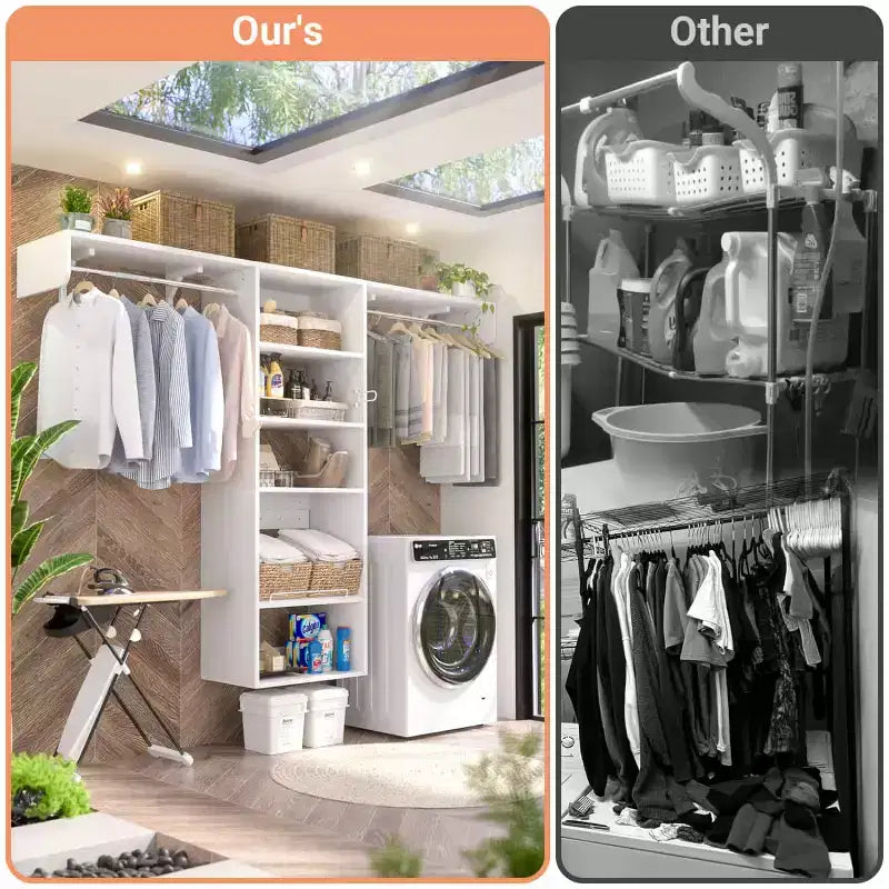 Besiost Closet Organizer System with Extendable Hanging Rods, Laundry Room Storage with Shelves