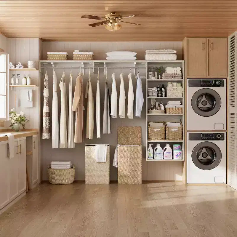 Besiost Closet Organizer System with Extendable Hanging Rods, Laundry Room Storage with Shelves