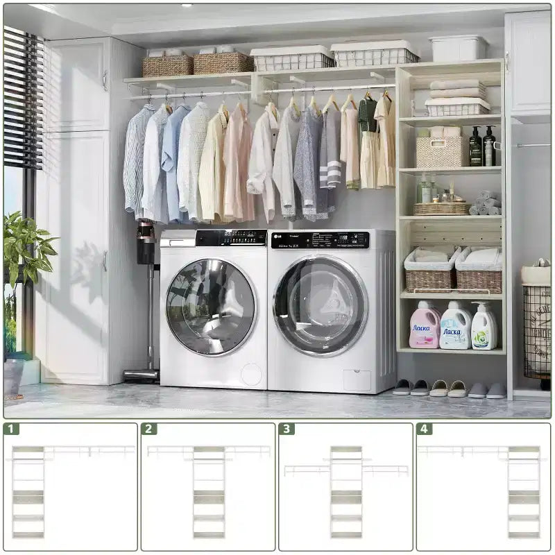 Besiost Closet Organizer System with Extendable Hanging Rods, Laundry Room Storage with Shelves