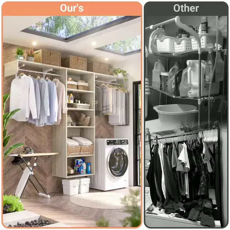 Besiost Closet Organizer System with Extendable Hanging Rods, Laundry Room Storage with Shelves