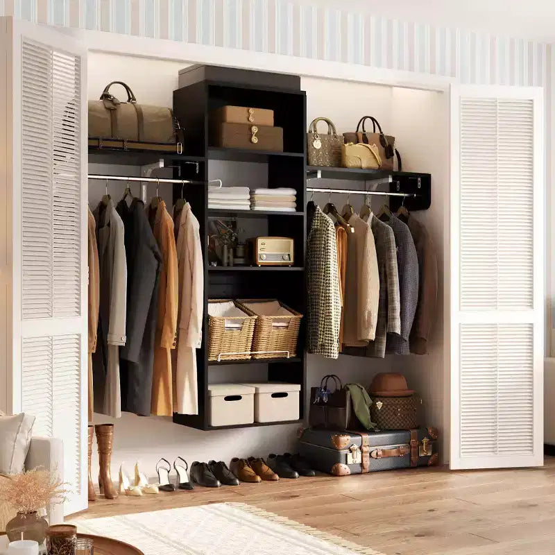 Besiost Closet Organizer System with Extendable Hanging Rods, Laundry Room Storage with Shelves