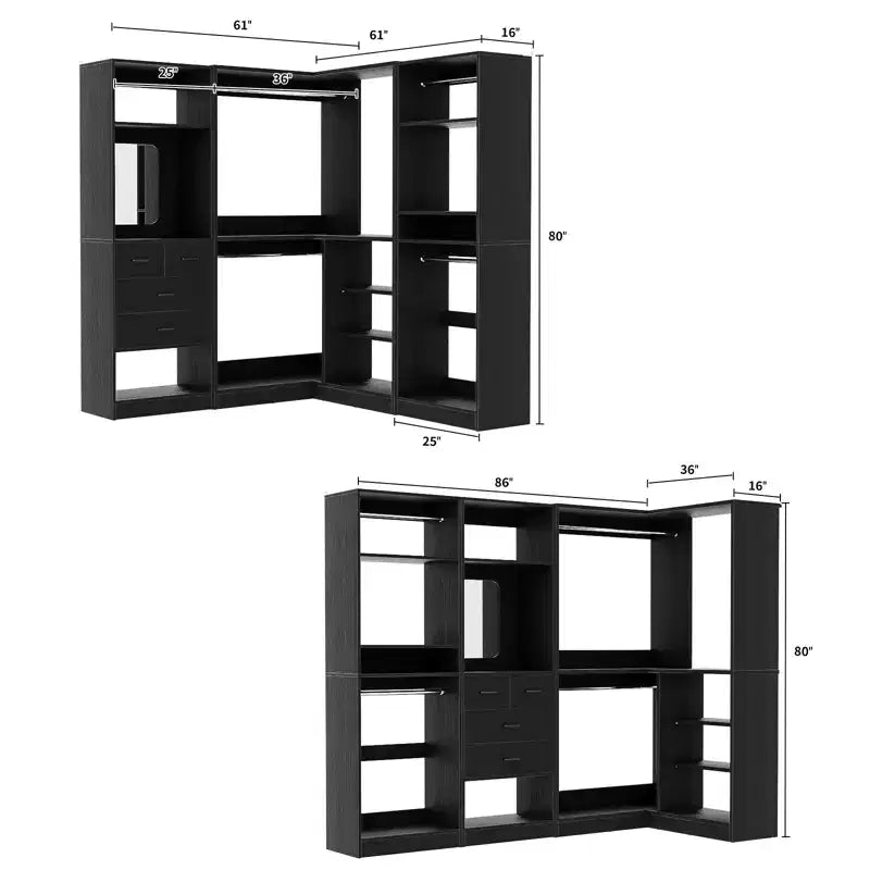 Besiost Wood Closet System, Freestanding Closet Organizer with Drawers and Mirror