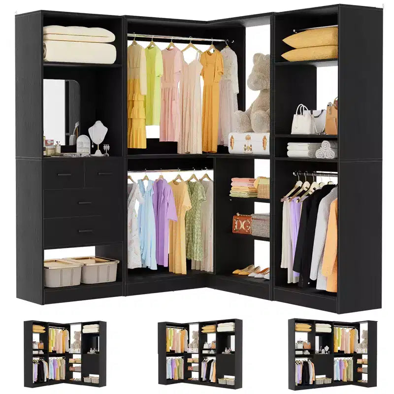 Besiost Wood Closet System, Freestanding Closet Organizer with Drawers and Mirror