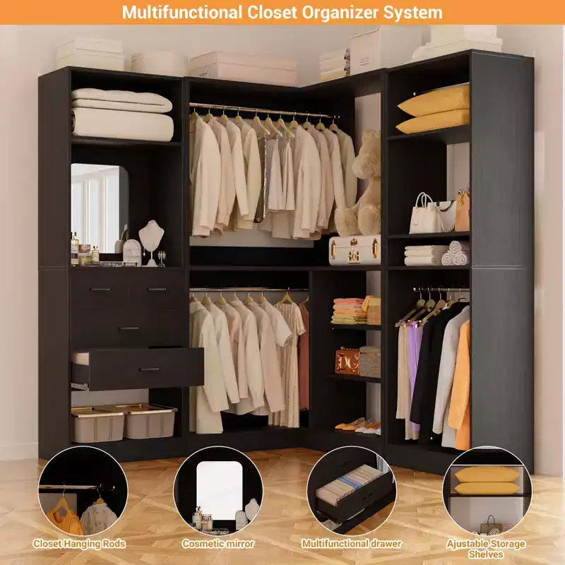 Besiost Wood Closet System, Freestanding Closet Organizer with Drawers and Mirror