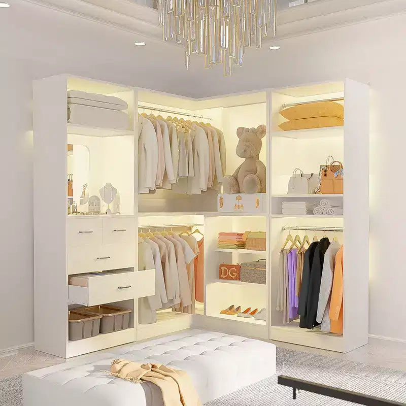 Besiost Wood Closet System, Freestanding Closet Organizer with Drawers and Mirror