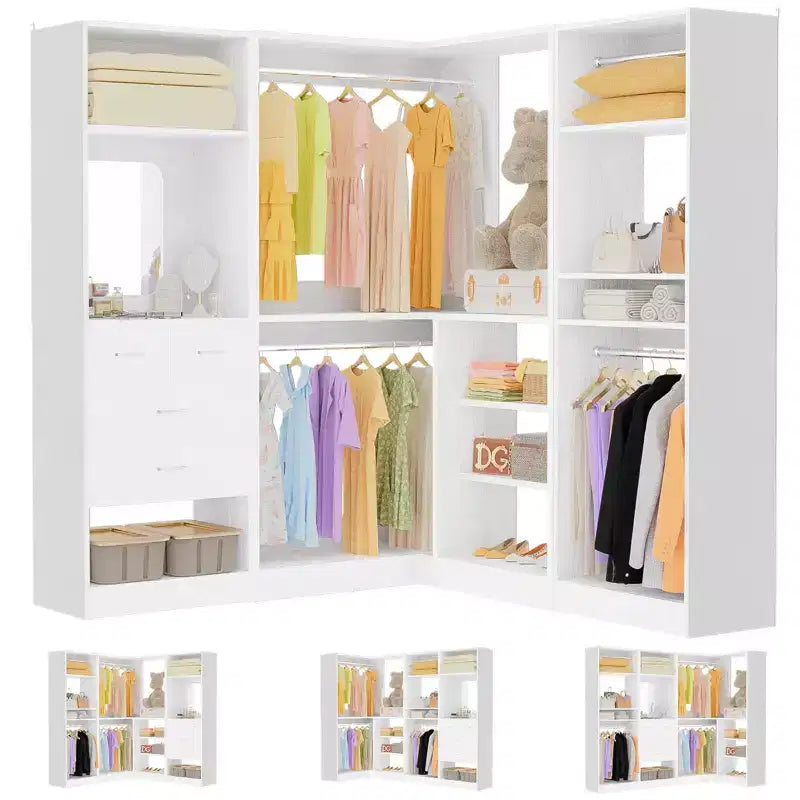 Besiost Wood Closet System, Freestanding Closet Organizer with Drawers and Mirror