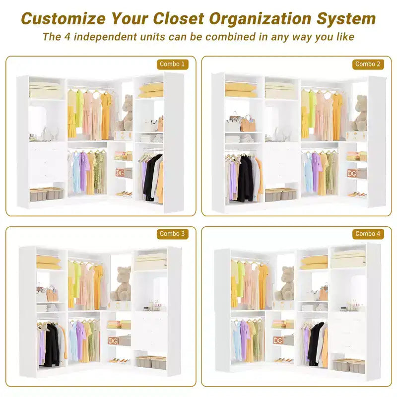 Besiost Wood Closet System, Freestanding Closet Organizer with Drawers and Mirror