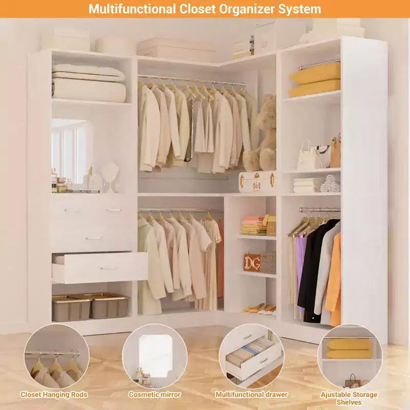 Besiost Wood Closet System, Freestanding Closet Organizer with Drawers and Mirror