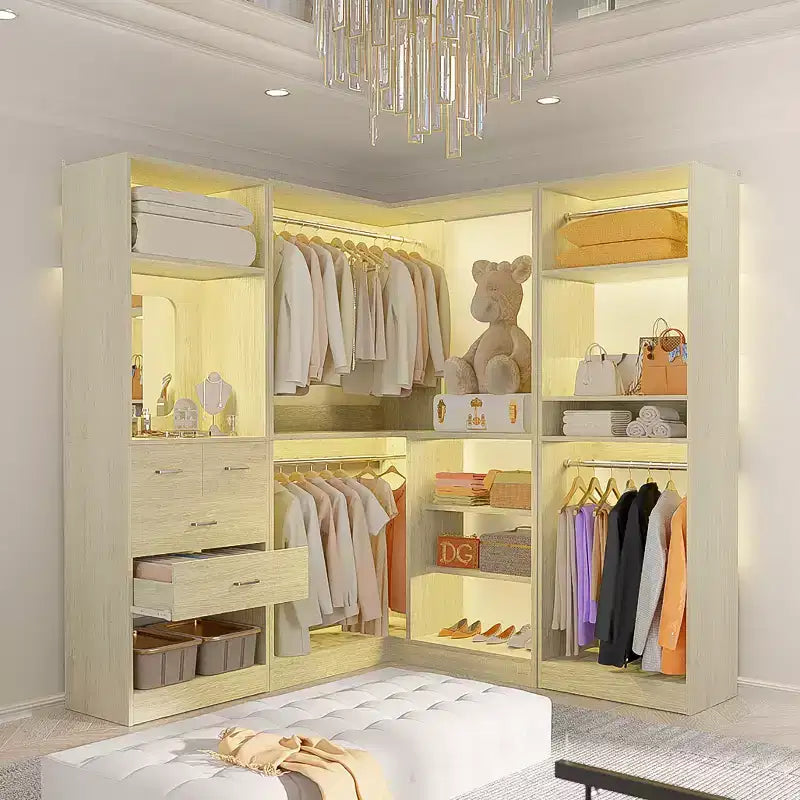 Besiost Wood Closet System, Freestanding Closet Organizer with Drawers and Mirror