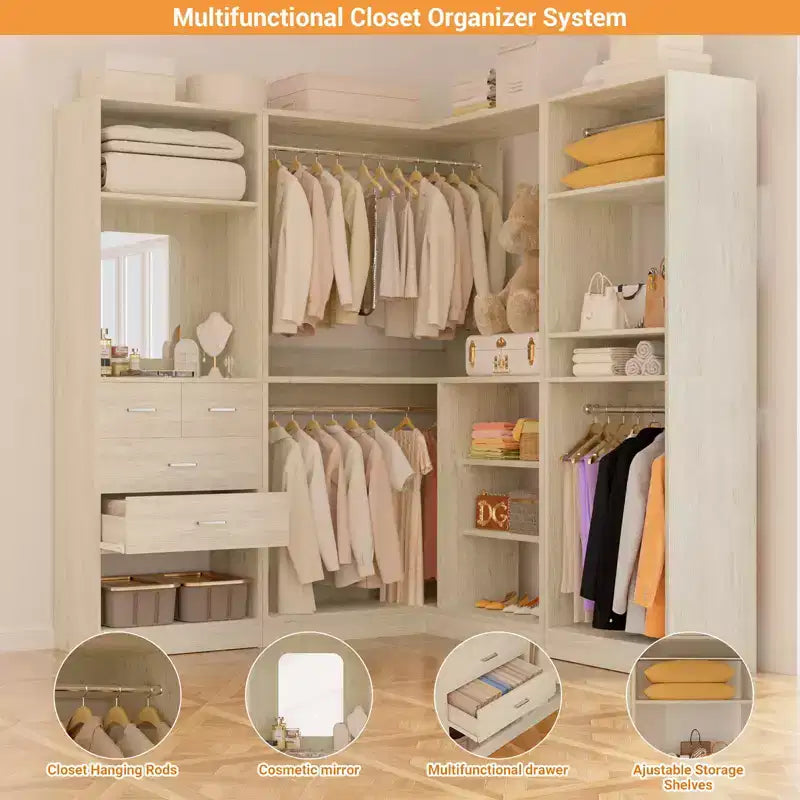 Besiost Wood Closet System, Freestanding Closet Organizer with Drawers and Mirror