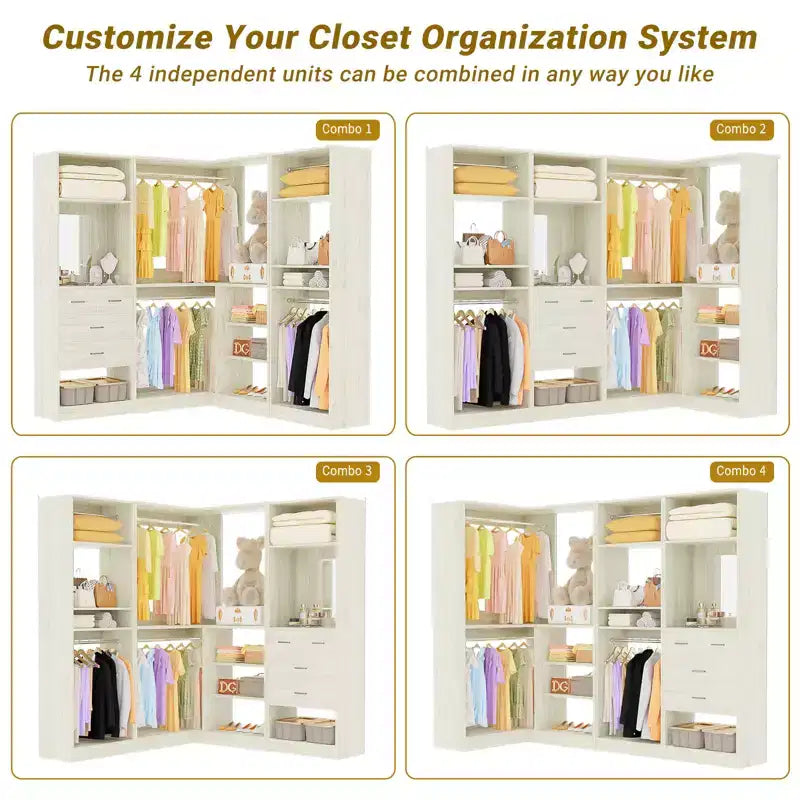 Besiost Wood Closet System, Freestanding Closet Organizer with Drawers and Mirror