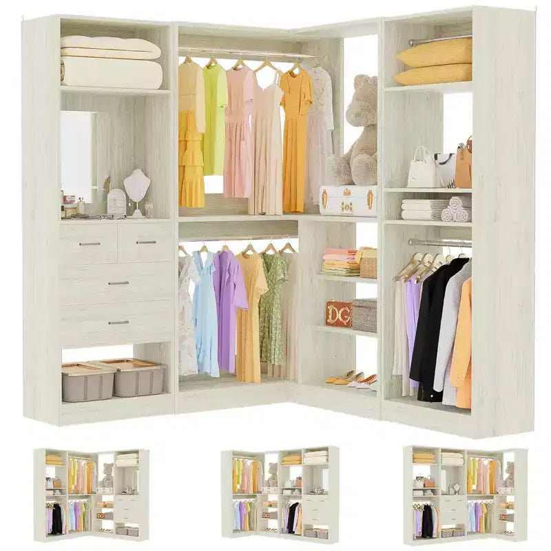 Besiost Wood Closet System, Freestanding Closet Organizer with Drawers and Mirror