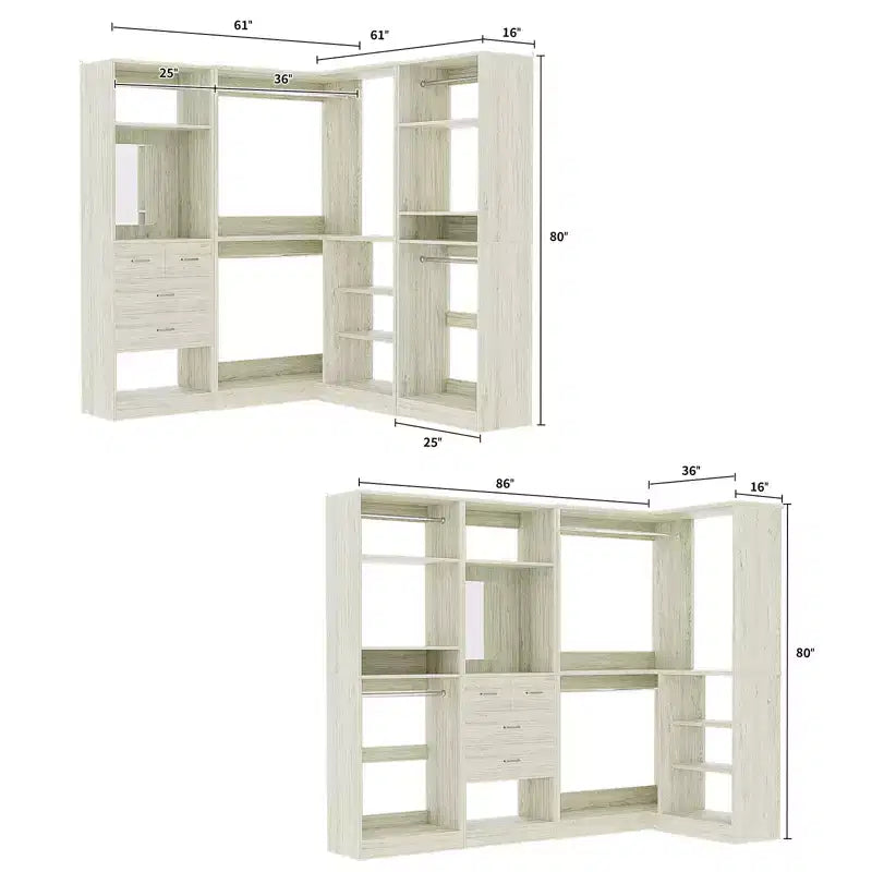 Besiost Wood Closet System, Freestanding Closet Organizer with Drawers and Mirror