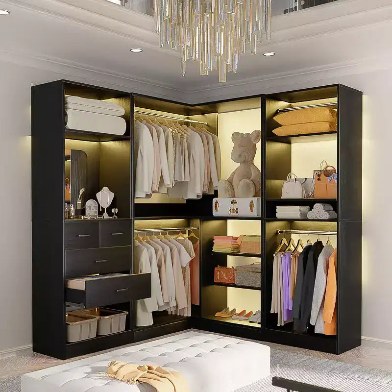 Besiost Wood Closet System, Freestanding Closet Organizer with Drawers and Mirror