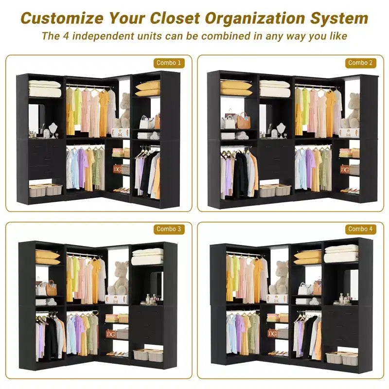 Besiost Wood Closet System, Freestanding Closet Organizer with Drawers and Mirror