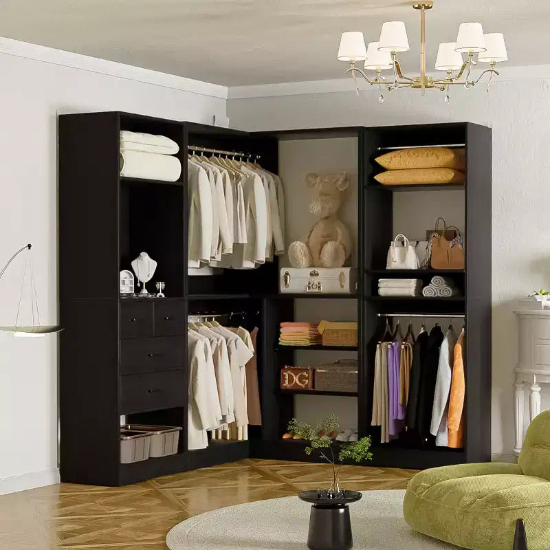 Besiost Wood Closet System, Freestanding Closet Organizer with Drawers and Mirror