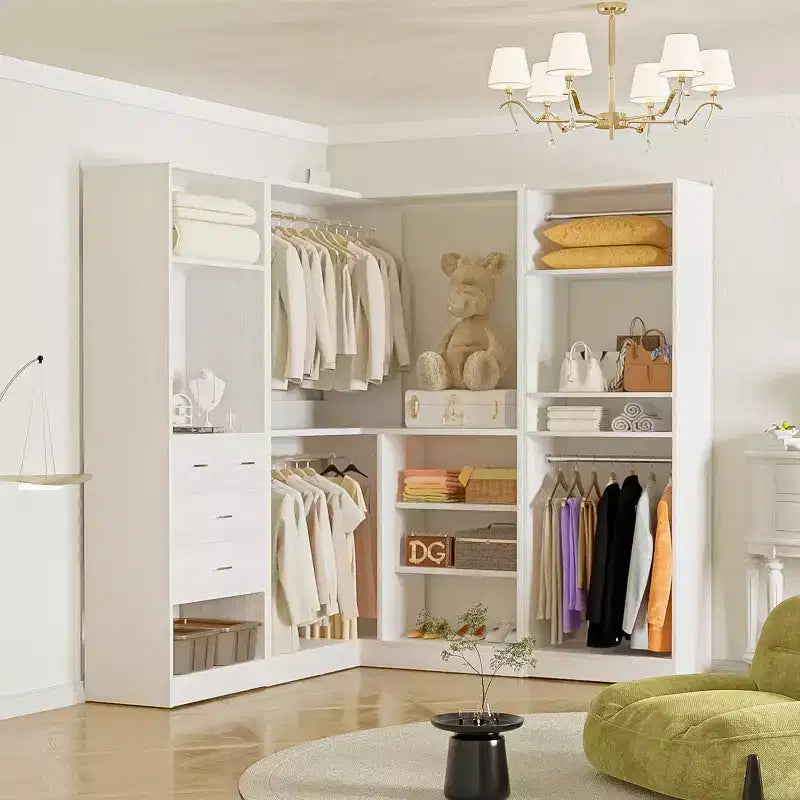 Besiost Wood Closet System, Freestanding Closet Organizer with Drawers and Mirror