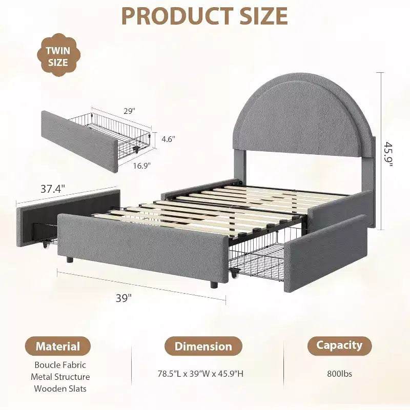 Acekool Upholstered Boucle Bed Frame with Storage Drawers, Round Headboard Platform Bed, Queen Full Twin, No Box Spring Needed