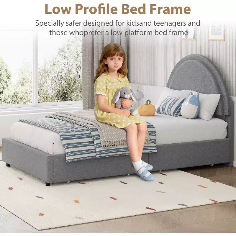 Acekool Upholstered Boucle Bed Frame with Storage Drawers, Round Headboard Platform Bed, Queen Full Twin, No Box Spring Needed