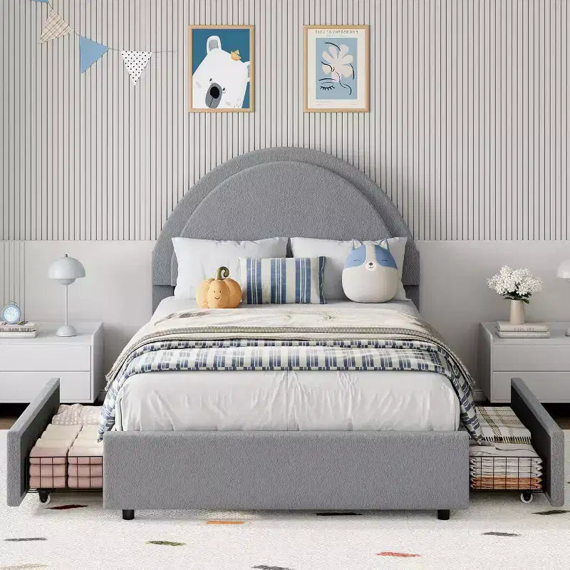 Acekool Upholstered Boucle Bed Frame with Storage Drawers, Round Headboard Platform Bed, Queen Full Twin, No Box Spring Needed
