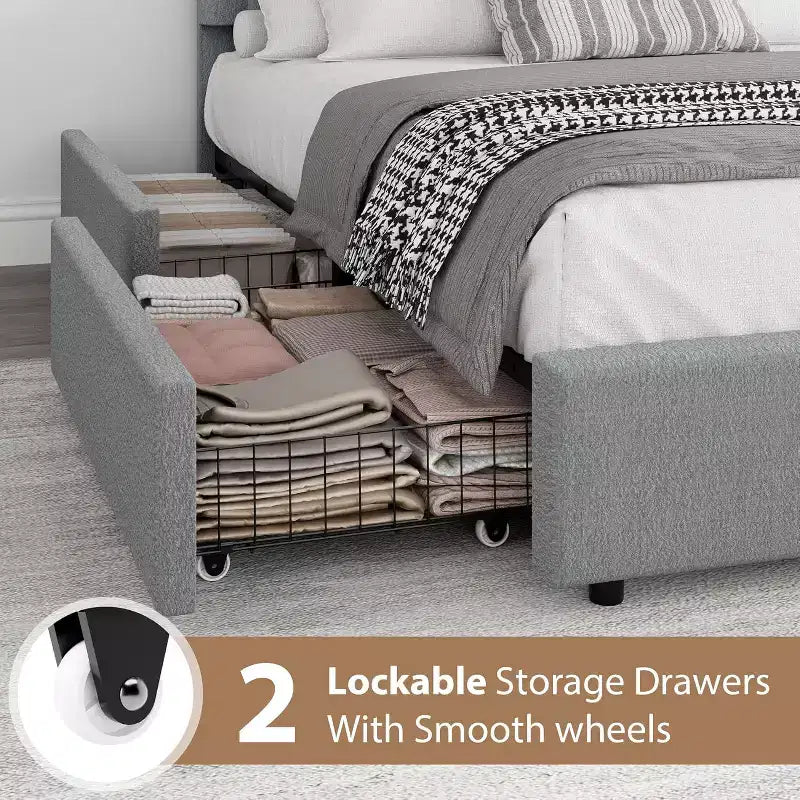 Acekool Upholstered Boucle Bed Frame with Storage Drawers, Round Headboard Platform Bed, Queen Full Twin, No Box Spring Needed